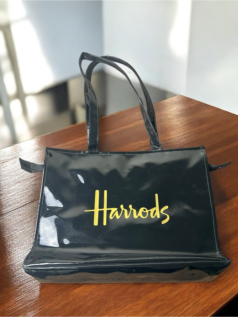 Harrods London Black Glossy PVC Zip Tote Shopper Bag